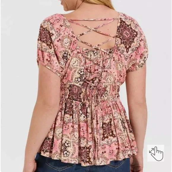 TORRID Crinkle Gauze Cris Cross Back Top Pink & Brown Peplum Cinched Waist Shirt - Picture 2 of 13